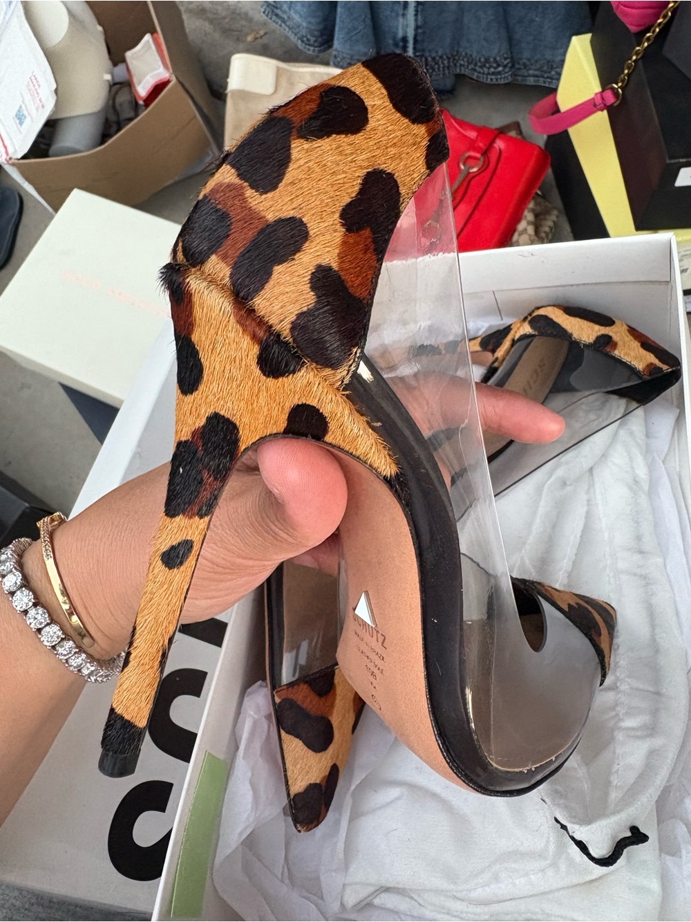 SCHUTZ Leopard-Print Pointed Toe Clear Panel animal hair heels - Picture 2 of 10